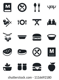 Set of vector isolated black icon - spoon and fork vector, picnic table, cafe, menu, salad, salt pepper, steak, hamburger, bowl, sushi, apple fruit