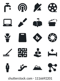 Set of vector isolated black icon - escalator vector, manager, flower in pot, trowel, rake, hospital bed, client, flammable, reel, laptop pc, mobile camera, mute, water supply, mountains, mailbox