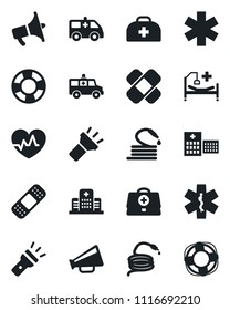 Set of vector isolated black icon - hose vector, heart pulse, doctor case, patch, ambulance star, car, hospital bed, loudspeaker, torch, crisis management