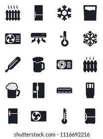 Set of vector isolated black icon - thermometer vector, heater, air conditioner, fridge, drink, beer, snowflake