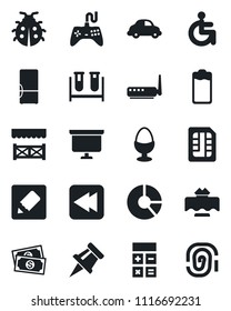 Set of vector isolated black icon - calculator vector, presentation board, circle chart, lady bug, blood test vial, disabled, cash, car delivery, gamepad, battery, rewind, sim, notes, drawing pin