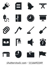 Set of vector isolated black icon - suitcase vector, alarm clock, mouse, desk, document, presentation board, shovel, hoe, axe, picnic table, dropper, bell, record, torch, paper clip, fridge, sound