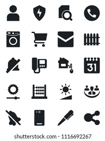 Set of vector isolated black icon - phone vector, pen, fence, back, protect, user, mail, calendar, mute, brightness, company, document search, abacus, home control, intercome, washer, cart