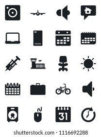 Set of vector isolated black icon - plane vector, airport building, office chair, case, mouse, calendar, sun, syringe, bike, term, speaker, phone back, mobile camera, notebook pc, sound, clock