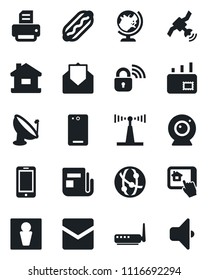 Set of vector isolated black icon - male vector, globe, mobile phone, printer, satellite antenna, news, network, mail, back, house, hot dog, wireless lock, router, web camera, home control app