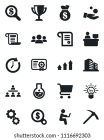 Set of vector isolated black icon - manager place vector, hierarchy, group, arrow up graph, gear, money bag, clock, search, investment, idea, cart, flask, certificate, award cup, contract, hard work