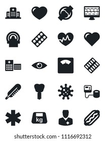 Set of vector isolated black icon - heart vector, pulse, monitor, blood pressure, thermometer, scales, pills blister, tomography, ambulance star, implant, eye, joint, hospital, doctor, virus, heavy