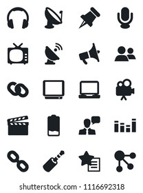 Set of vector isolated black icon - satellite antenna vector, clapboard, loudspeaker, tv, equalizer, video camera, microphone, speaker, headphones, laptop pc, chain, group, favorites list, paper pin