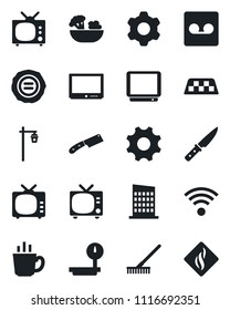 Set of vector isolated black icon - taxi vector, tv, stamp, rake, garden light, heavy scales, settings, record, wireless, city house, coffee, salad, knife, smoke detector