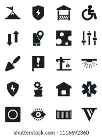 Set Of Vector Isolated Black Icon - Disabled Vector, Trowel, Ambulance Star, Important Flag, Mobile Tracking, Cargo Container, Protect, Tuning, Record, Data Exchange, Eye Id, Smart Home, Crane