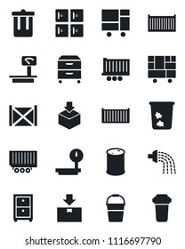 Set of vector isolated black icon - trash bin vector, checkroom, bucket, watering, truck trailer, cargo container, consolidated, package, oil barrel, heavy scales, archive box, water filter