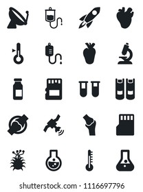 Set of vector isolated black icon - satellite antenna vector, book, blood test vial, dropper, microscope, ampoule, real heart, joint, virus, sd, thermometer, rocket, flask