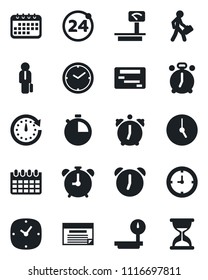 Set of vector isolated black icon - 24 around vector, alarm clock, calendar, heavy scales, stopwatch, manager, schedule, sand