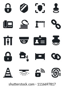 Set of vector isolated black icon - fence vector, barrier, security gate, identity, stamp, border cone, hose, shield, chain, lock, face id, home control, wireless, intercome, surveillance, sprinkler