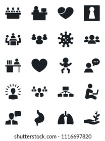 Set of vector isolated black icon - female vector, baby, manager place, heart, stomach, lungs, virus, speaker, group, desk, meeting, shining head, hierarchy, man with notebook, palm sproute