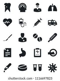 Set of vector isolated black icon - heart pulse vector, diagnosis, syringe, blood test vial, dropper, thermometer, pills, scalpel, tomography, ambulance car, stomach, lungs, caries, clipboard, virus