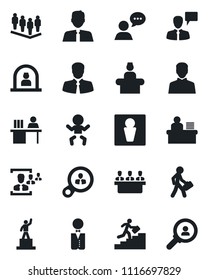 Set of vector isolated black icon - male vector, baby, reception, speaking man, pedestal, team, client, speaker, user, hr, manager desk, meeting, career ladder, estate agent, waiter, consumer search