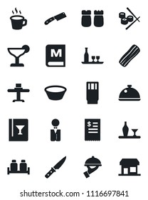 Set of vector isolated black icon - coffee vector, waiter, dish, alcohol, restaurant table, wine card, menu, drink, cocktail, bacon, salt and pepper, receipt, bowl, knife, sushi, storefront