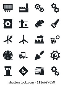 Set of vector isolated black icon - airport tower vector, fork loader, factory, trowel, glove, saw, truck trailer, flammable, oil barrel, reel, root setup, sun panel, windmill, crane, gear