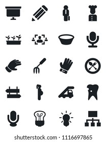 Set of vector isolated black icon - spoon and fork vector, signpost, ladder car, presentation board, pencil, garden, glove, seedling, caries, pregnancy, microphone, hr, manager, cook, bowl, bulb
