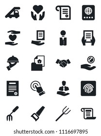 Set of vector isolated black icon - passport vector, ladder car, handshake, document, garden fork, farm, saw, heart hand, client, touch screen, fingerprint id, contract, estate, waiter, investment