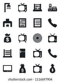 Set of vector isolated black icon - tv vector, abacus, money bag, vinyl, call, office phone, fireplace, outdoor lamp, fridge