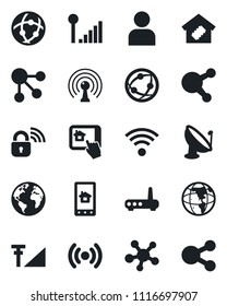 Set of vector isolated black icon - earth vector, satellite antenna, network, share, user, cellular signal, wireless, smart home, lock, router, control app, social media