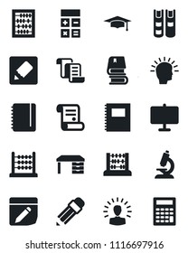 Set of vector isolated black icon - contract vector, calculator, graduate, abacus, desk, notepad, microscope, notes, copybook, presentation board, pencil, book, shining head
