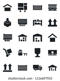 Set of vector isolated black icon - railroad vector, truck trailer, cargo container, car delivery, sea port, consolidated, fragile, warehouse storage, up side sign, package, rack