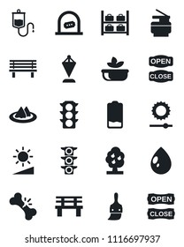 Set of vector isolated black icon - ticket office vector, luggage storage, pennant, water drop, bench, dropper, broken bone, traffic light, low battery, themes, brightness, copier, fruit tree, salad