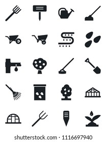 Set of vector isolated black icon - job vector, farm fork, rake, watering can, wheelbarrow, hoe, plant label, greenhouse, seeds, drip irrigation, fruit tree