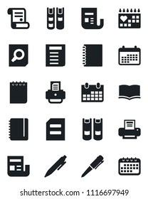 Set of vector isolated black icon - book vector, document search, pen, notepad, calendar, printer, contract, medical, news, copybook
