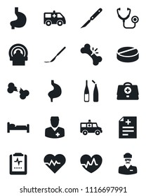 Set of vector isolated black icon - bed vector, heart pulse, doctor case, diagnosis, stethoscope, pills, ampoule, scalpel, tomography, ambulance car, stomach, broken bone, clipboard