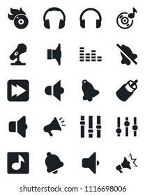 Set of vector isolated black icon - flame disk vector, microphone, speaker, settings, equalizer, headphones, fast forward, rca, bell, mute, music, sound, advertising
