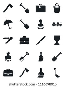 Set of vector isolated black icon - suitcase vector, umbrella, stamp, baggage larry, job, shovel, bucket, pruner, axe, scalpel, fragile, themes, case, ladle