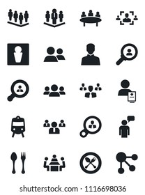 Set of vector isolated black icon - spoon and fork vector, train, male, speaking man, team, meeting, patient, group, user, hr, company, client search, consumer, social media