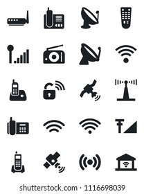 Set of vector isolated black icon - satellite antenna vector, office phone, radio, remote control, wireless, cellular signal, lock, router, garage gate