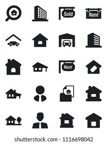 Set of vector isolated black icon - office building vector, house, with garage, tree, estate document, rent, sold signboard, search, agent, smart home