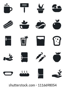 Set of vector isolated black icon - hot cup vector, seedling, plant label, diet, fridge, drink, phyto bar, salad, bacon, bread, kebab, dog, apple fruit, palm sproute