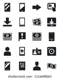 Set of vector isolated black icon - right arrow vector, mobile phone, identity card, important flag, cash, cell, camera, user, download, restaurant receipt, home control app