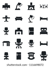 Set of vector isolated black icon - cafe vector, bed, office chair, desk, lamp, bedroom, children room, cushioned furniture, fireplace, restaurant table, fridge