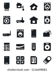 Set of vector isolated black icon - calculator vector, speaker, phone back, sim, washer, smart home, credit card, control, remote, router, usb flash