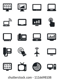 Set of vector isolated black icon - plane radar vector, wireless notebook, pc, statistic monitor, pulse, tv, touch screen, laptop, statistics, intercome