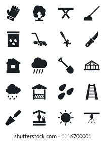 Set of vector isolated black icon - job vector, trowel, ladder, tree, glove, lawn mower, house, sun, rain, well, hoe, garden knife, greenhouse, seeds, picnic table, ripper, alcove, sprinkler