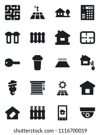 Set of vector isolated black icon - house vector, with tree, plan, key, smart home, control, chip, app, water filter, radiator, warm floor, energy saving bulb, jalousie, sun panel, combination lock