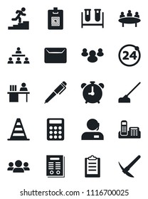 Set of vector isolated black icon - 24 around vector, alarm clock, border cone, meeting, hoe, blood test vial, group, clipboard, identity card, calculator, office phone, support, manager desk, pen