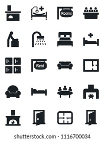 Set of vector isolated black icon - baby room vector, bed, shower, checkroom, meeting, fireplace, hospital, plan, rent, rooms, bedroom, cushioned furniture, door