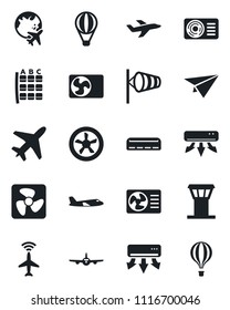 Set of vector isolated black icon - plane vector, airport tower, radar, wind, seat map, globe, air conditioner, fan, paper, balloon