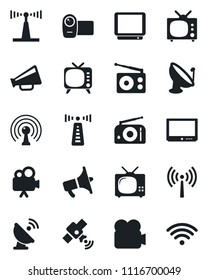 Set of vector isolated black icon - antenna vector, satellite, radio, loudspeaker, tv, video camera, wireless