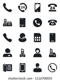 Set of vector isolated black icon - phone vector, mobile, office, 24 hours, support, cell, radio, back, call, sim